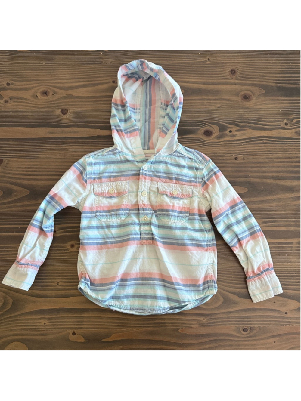 Carters Boys Hoodie 2T Striped Blue Pink Button Pullover Shirt